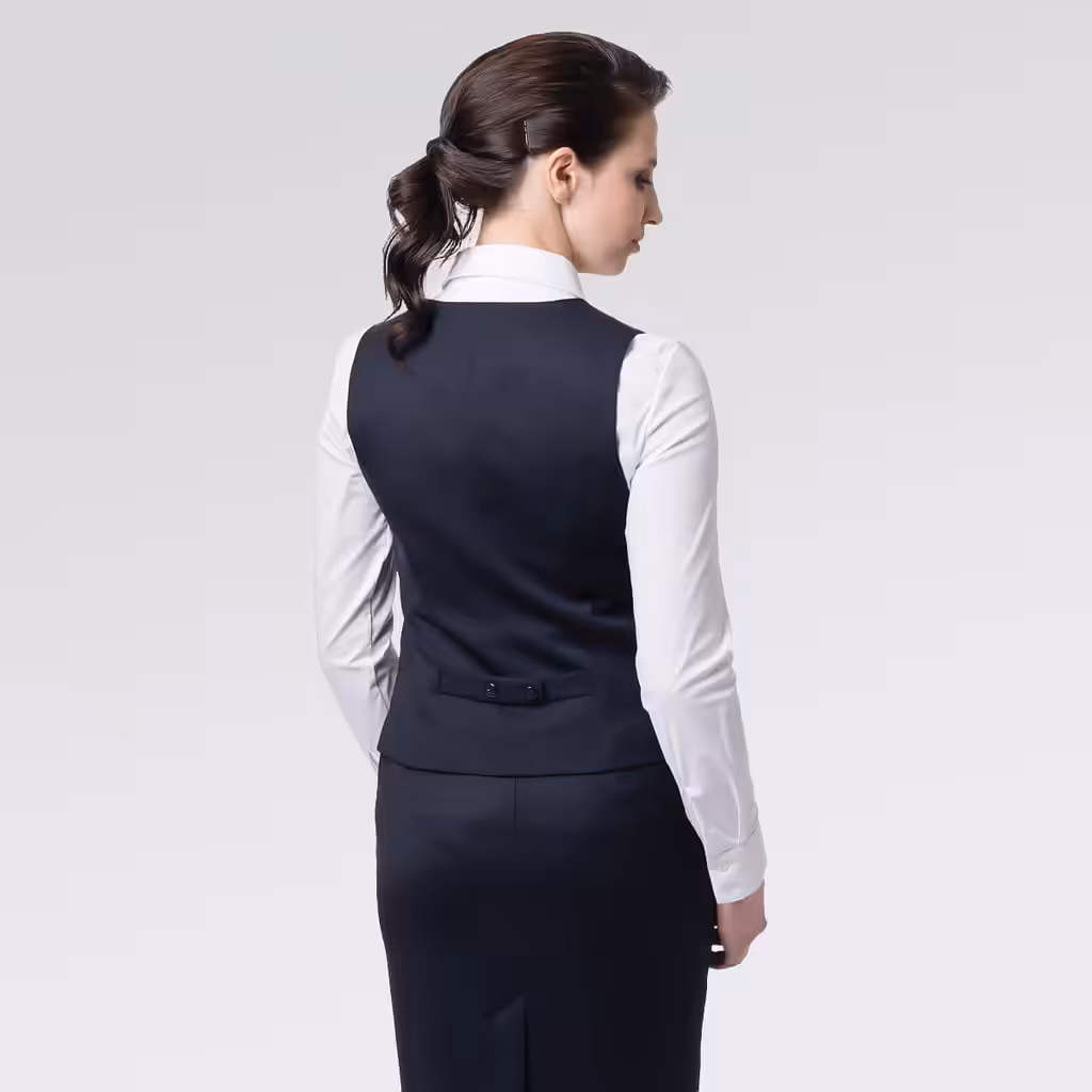 Chaleco ejecutivo azul para mujer, vista espalda